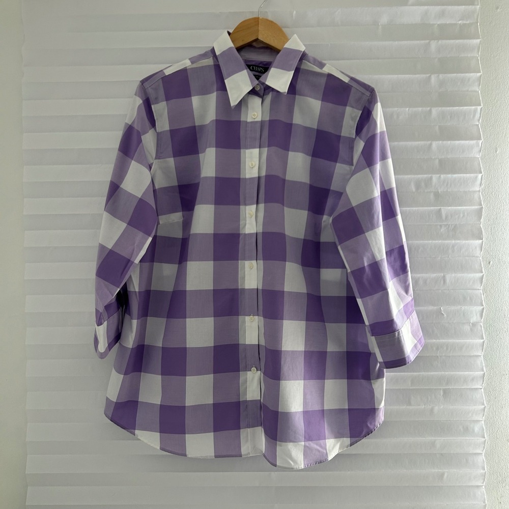 Chaps No Iron Purple White Buffalo Check 3/4 Sleeve Button Down‎ Shirt Plus 0X